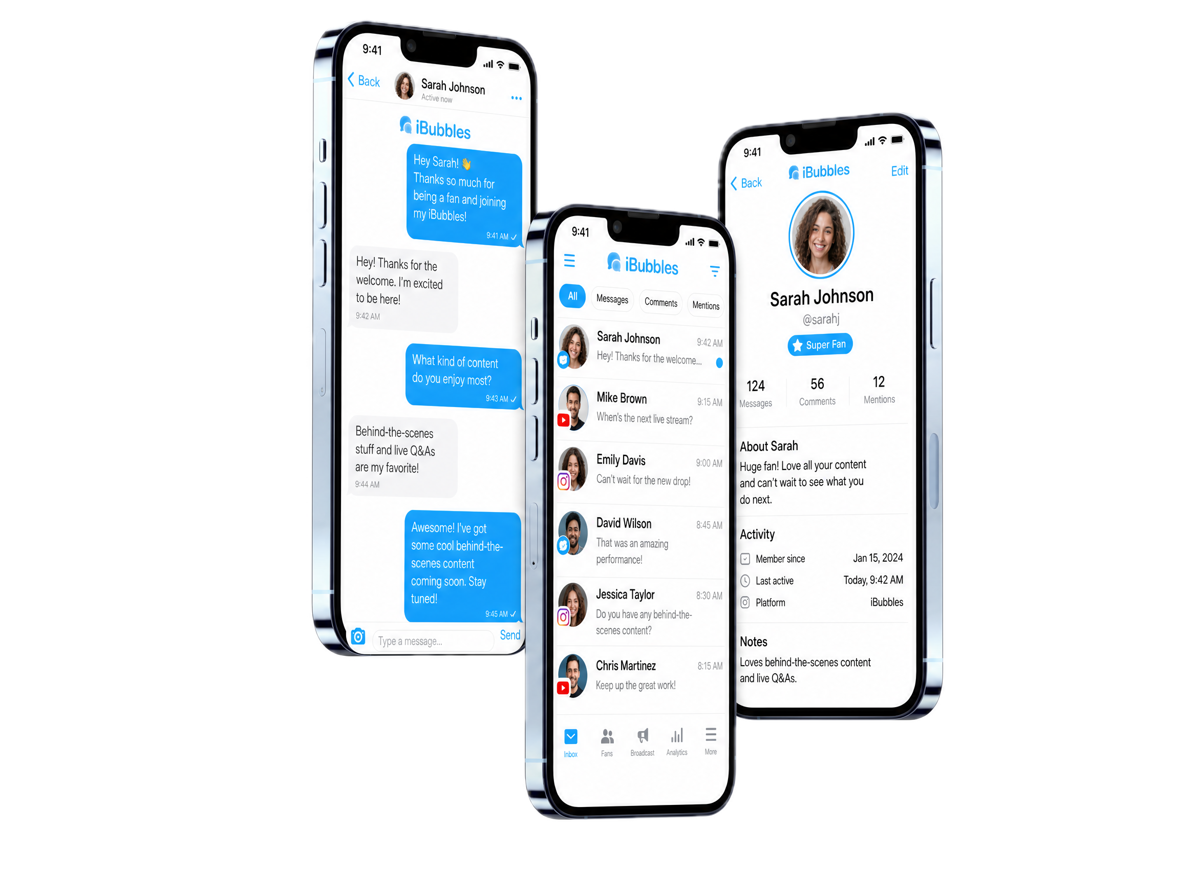 The iBubbles app on three phones: a fan conversation, the unified inbox, and a fan profile